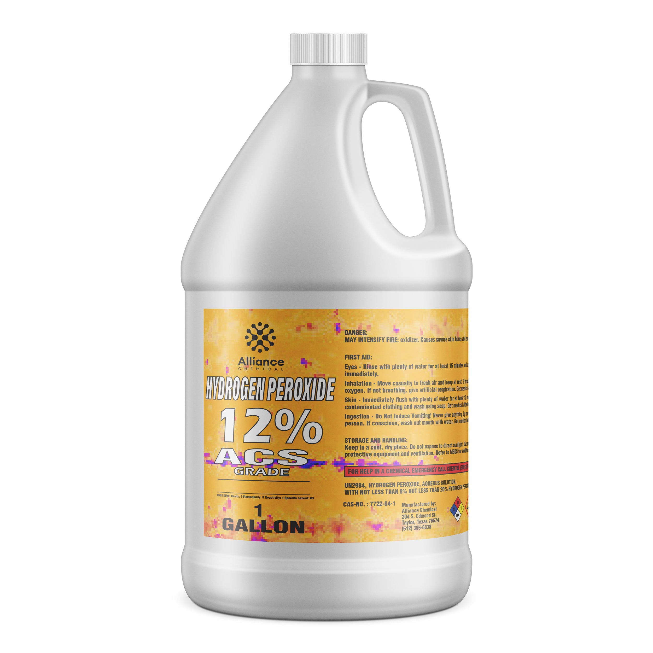 One-gallon white HDPE jug of Alliance Chemical 12% ACS-grade hydrogen peroxide with yellow safety label, hazard warnings and first-aid instructions.